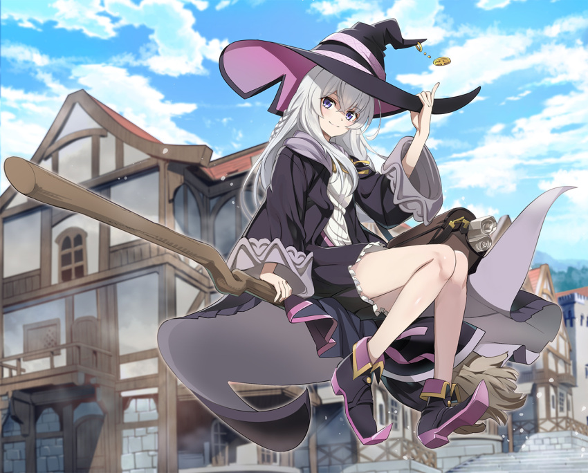 1girl bangs black_footwear black_headwear black_robe black_skirt blue_sky braid breasts broom broom_riding brown_bag cityscape closed_mouth cloud cloudy_sky commentary day elaina_(majo_no_tabitabi) frilled_skirt frills full_body grey_hair hair_between_eyes hand_on_headwear hat long_hair long_sleeves looking_at_viewer majo_no_tabitabi neck_ribbon nyoro_(nyoronyoro000) open_clothes open_robe outdoors outline pleated_skirt purple_eyes ribbon robe scroll shirt sidelocks skirt sky small_breasts smile solo white_outline white_shirt wide_sleeves witch witch_hat yellow_ribbon