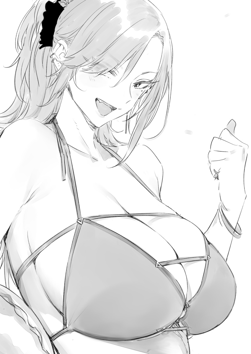 1girl bangs bikini bracelet breasts cleavage commentary_request goshiki_suzu greyscale hair_between_eyes highres jewelry large_breasts looking_at_viewer monochrome open_mouth original pointing ponytail sharp_teeth simple_background smile swimsuit teeth tokiwa_nao upper_body white_background