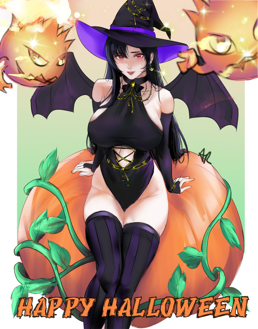 1girl arialla_draws bare_shoulders bat_wings black_hair bomb_(final_fantasy) breasts clothing_cutout detached_sleeves earrings final_fantasy final_fantasy_vii final_fantasy_vii_remake halloween hat highres jewelry large_breasts lipstick long_hair looking_at_viewer makeup midriff_peek pumpkin red_eyes red_lips sitting solo stomach_cutout thighhighs thighs tifa_lockhart wings witch witch_hat