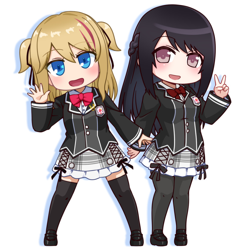 2girls black_hair blonde_hair blue_eyes blush breasts chibi fuyuno_saya goriate long_hair looking_at_viewer multiple_girls natsukawa_aki open_mouth red_eyes school_uniform shiritsu_ichigo_jogakuin simple_background virtual_youtuber white_background