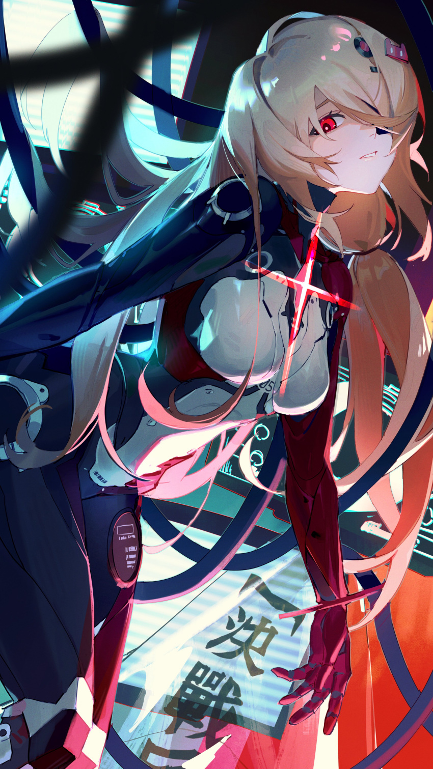 1girl absurdres bangs blonde_hair blurry blurry_foreground bodysuit breasts chinese_text eyepatch hair_ornament hairclip highres kkaags long_hair looking_at_viewer mechanical_arms mechanical_legs medium_breasts nemesis_(tower_of_fantasy) red_eyes tower_of_fantasy