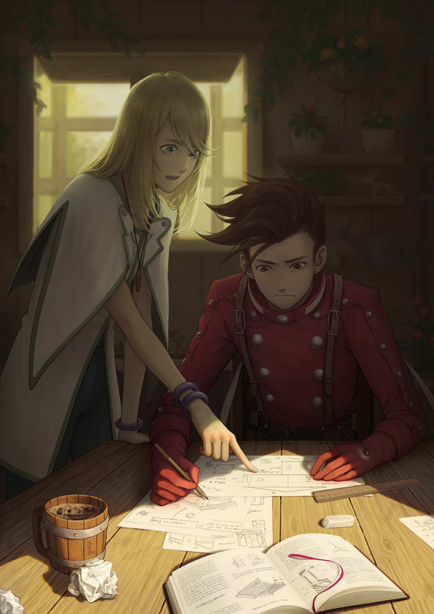 2boys blonde_hair blue_eyes book bracelet brown_eyes brown_hair crumpled_paper cup gloves highres jacket jewelry kazuko_(towa) lloyd_irving long_hair mithos_yggdrasill mug multiple_boys plant pointing potted_plant red_gloves red_jacket robe studying sweatdrop tales_of_(series) tales_of_symphonia white_robe