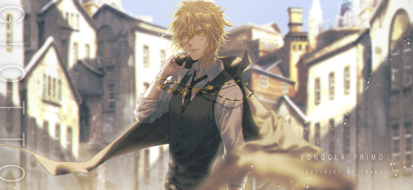 1boy absurdres artist_name black_cape black_necktie black_vest blonde_hair blurry blurry_background building cape chain character_name collared_shirt dated day depth_of_field giotto hair_between_eyes highres holding holding_cape holding_clothes katekyo_hitman_reborn! looking_at_viewer male_focus necktie open_collar pinstripe_pattern pinstripe_vest qwer00138 shirt short_hair sleeves_rolled_up smile solo striped town upper_body vest white_shirt yellow_eyes