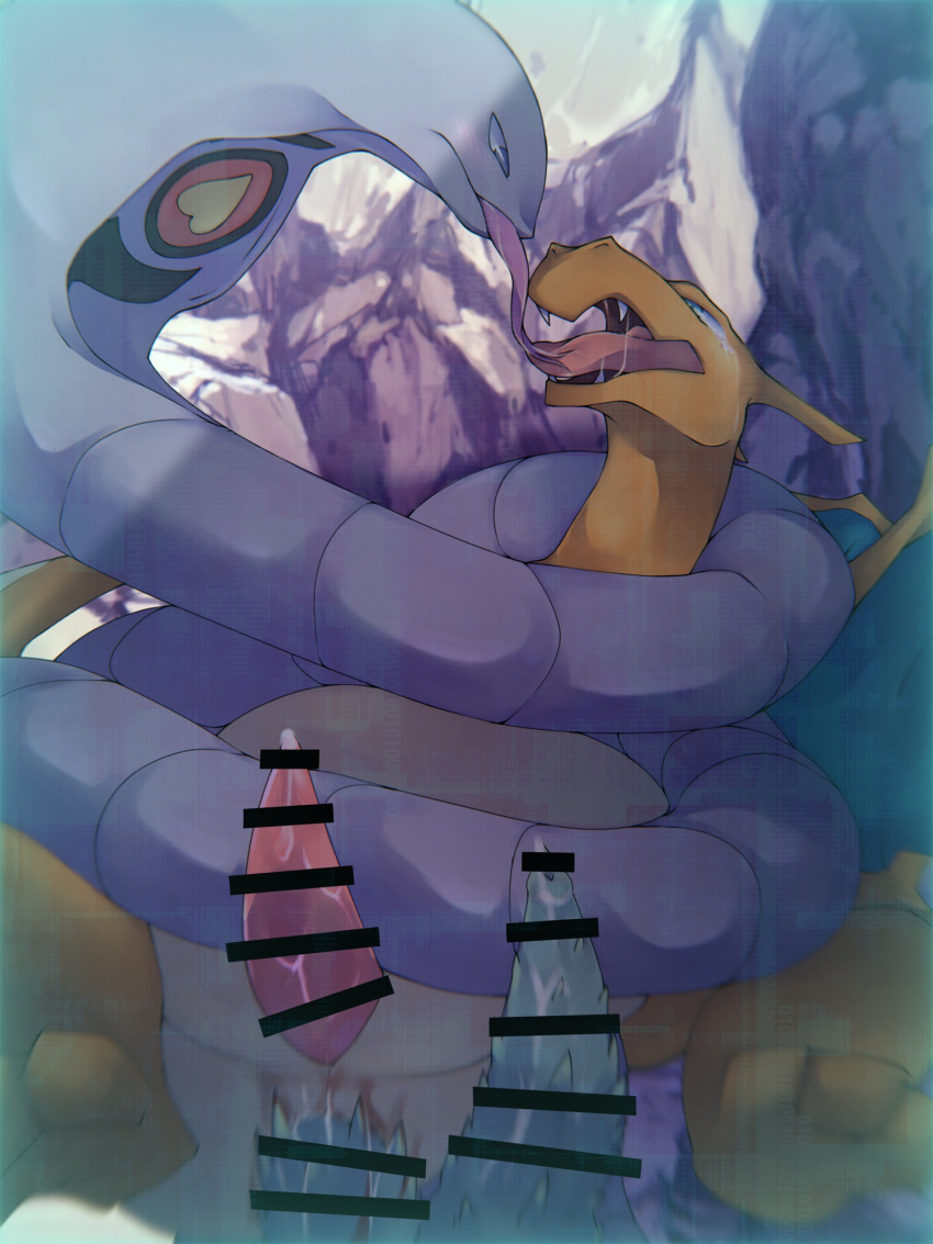 3:4 anal anal_penetration animal_genitalia animal_penis anthro arbok biped blue_eyes blush bodily_fluids charizard coiling detailed_background duo erection eye_contact french_kissing generation_1_pokemon genitals hemipenes hi_res kissing looking_at_another male male/male mame02550912 multi_genitalia multi_penis nintendo open_mouth orange_body penetration penile_spines penis pokemon pokemon_(species) purple_body questionable_consent saliva serpentine sex tears video_games
