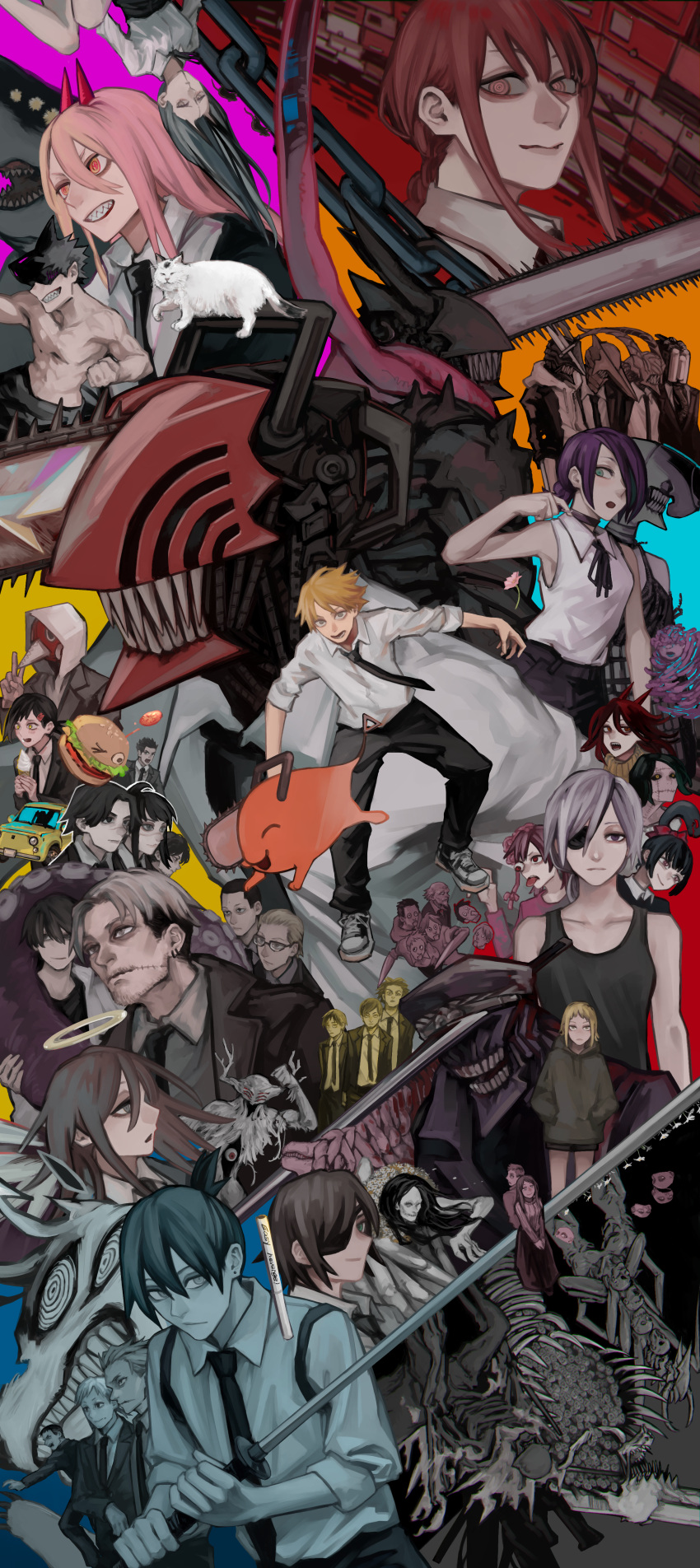 absurdres akane_sawatari_(chainsaw_man) aldo_(chainsaw_man) angel_devil_(chainsaw_man) antlers back-to-back bangs bare_shoulders battle_rifle beam_(chainsaw_man) black_choker black_hair black_necktie black_panties black_shirt black_tank_top blonde_hair bomb_devil_(chainsaw_man) braid braided_ponytail brown_hair burger car cat chain chainsaw chainsaw_devil chainsaw_man choker cigarette cosmo_(chainsaw_man) crossbow_devil_(chainsaw_man) darkness_devil deer_antlers demon_horns denji_(chainsaw_man) door earrings exposed_brain extra_arms extra_eyes eyeball eyepatch faceless fire flamethrower_devil_(chainsaw_man) food formal fox fox_devil_(chainsaw_man) future_devil_(chainsaw_man) ghost_devil_(chainsaw_man) glasses green_jacket grey_hair ground_vehicle gun gun_devil_(chainsaw_man) hair_between_eyes hair_bun hair_ornament hair_over_one_eye hairclip halo handgun hands_in_pockets hayakawa_aki hell_devil_(chainsaw_man) higashiyama_kobeni highres himeno_(chainsaw_man) hirokazu_arai_(chainsaw_man) holding holding_weapon hood hoodie horns hybrid ice_cream intestines jacket jewelry joey_(chainsaw_man) katana katana_man_(chainsaw_man) kobeni's_car_(chainsaw_man) kurose_yuutarou kusakabe_(chainsaw_man) long_(chainsaw_man) long_coat long_hair longsword_devil_(chainsaw_man) looking_at_viewer looking_away looking_down m14 makima_(chainsaw_man) mask medium_hair meowy_(chainsaw_man) monster motor_vehicle multiple_boys multiple_girls nakano_(mitinni_tk) necktie no_eyes octopus octopus_devil_(chainsaw_man) open_mouth orange_hair own_hands_together panties pingtsi_(chainsaw_man) pink_hair plague_doctor_mask pochita_(chainsaw_man) power_(chainsaw_man) prinz_(chainsaw_man) punishment_devil_(chainsaw_man) purple_hair quanxi_(chainsaw_man) red_eyes red_hair red_horns reze_(chainsaw_man) ribbon rifle ringed_eyes santa_claus_(chainsaw_man) scar scar_on_cheek scar_on_face scarf shark shark_boy sharp_teeth shirt short_hair short_shorts shorts sidelocks single_hair_bun skeleton sleeveless sleeves_rolled_up small_horns snake_devil_(chainsaw_man) spear_devil_(chainsaw_man) stitched_face stitches subaru_(chainsaw_man) suit sweater sword tamaoki_(chainsaw_man) tank_top teeth tendou_michiko tentacles tolka_(chainsaw_man) topknot topless_male tsugihagi_(chainsaw_man) typhoon_devil_(chainsaw_man) underwear unnamed_eldest_brother_(chainsaw_man) upside-down violence weapon whip_devil_(chainsaw_man) white_cat white_hair white_hoodie yoshida_hirofumi