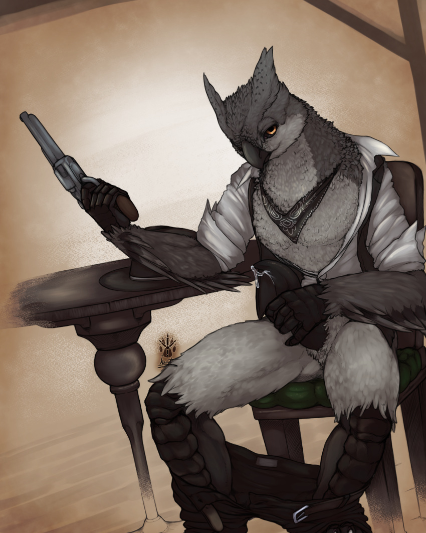 anthro arm_feathers arm_on_table avian bandanna beak bird black_beak black_penis black_sclera bodily_fluids bottomwear bottomwear_down chair clothed clothing cowboy_hat dizek_(character) feathers furniture genital_fluids genitals geno28_(artist) grey_body grey_feathers gun handgun hat headgear headwear hi_res holding_gun holding_object holding_weapon kerchief looking_at_viewer male masturbation on_chair open_clothing open_shirt open_topwear orange_eyes owl pants pants_down partially_clothed penis penis_grab precum prehensile_penis ranged_weapon revolver scuted_hands scuted_legs scutes shirt sitting sitting_on_chair solo table tapering_penis topwear unbuttoned_shirt undressing weapon western white_body white_feathers