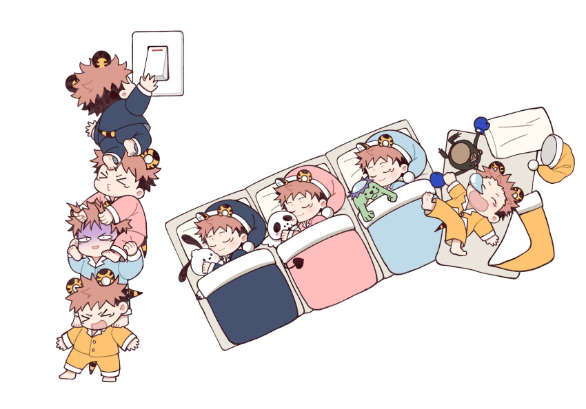&gt;3&lt; &gt;_&lt; 4boys animal_ears arm_up barefoot blanket blue_pajamas character_request chibi closed_eyes closed_mouth grabbing_another's_hair hat highres human_tower itadori_yuuji jujutsu_kaisen kemonomimi_mode light_switch long_sleeves lying male_focus messy_sleeper multiple_boys multiple_persona nightcap nose_bubble on_back on_side open_mouth pajamas pillow pink_hair pink_pajamas short_hair simple_background sleeping smile spiked_hair stacking standing standing_on_shoulder tail tiger_ears tiger_tail tootigee turn_pale under_covers undercut white_background yellow_pajamas