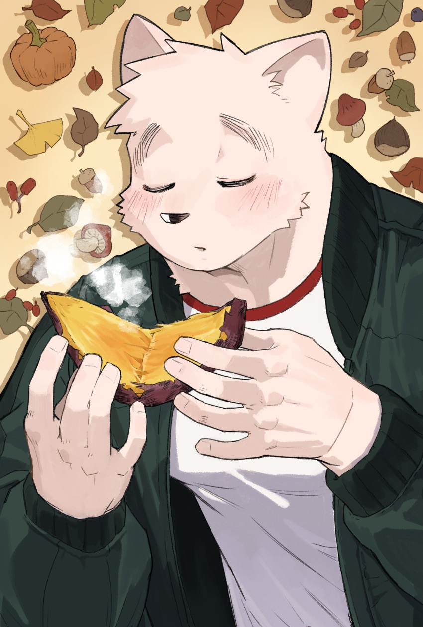 1boy acorn animal_ears autumn autumn_leaves bara blowing blush closed_eyes commentary crew_neck food furry furry_male highres male_focus muscular muscular_male mushroom open_mouth original pumpkin shirt solo steam sweet_potato symbol-only_commentary syukapong t-shirt white_shirt