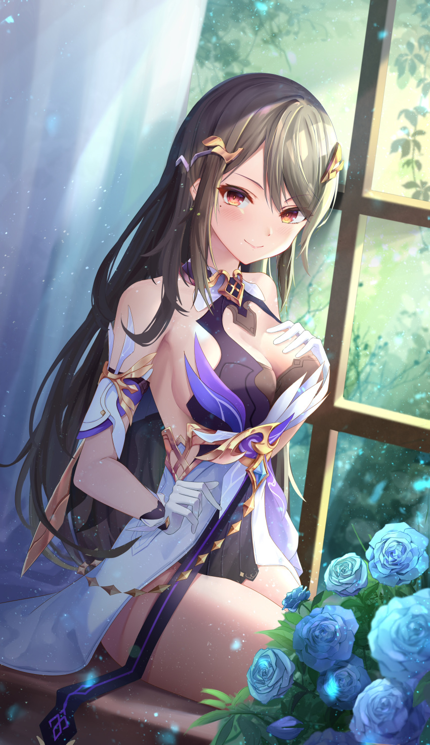 1girl absurdres alternate_eye_color alternate_hairstyle bangs bare_shoulders blue_flower blue_rose breasts brightlight brown_eyes brown_hair cleavage closed_mouth curtains dress flower gloves hair_ornament hand_on_own_chest highres honkai_(series) honkai_impact_3rd indoors large_breasts long_hair looking_at_viewer mole mole_under_eye rita_rossweisse rita_rossweisse_(spina_astera) rose sleeveless sleeveless_dress solo white_dress white_gloves window