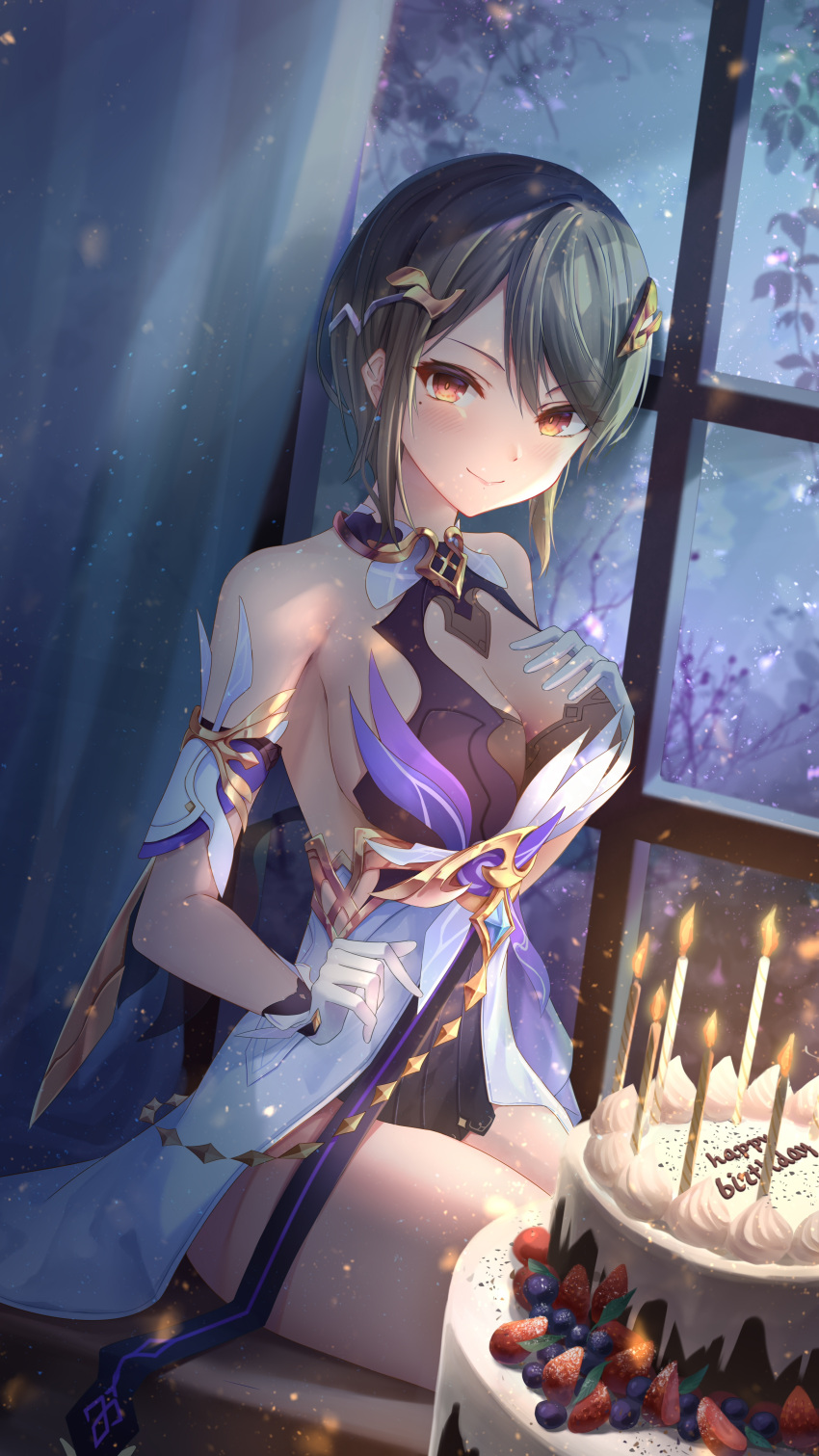 1girl absurdres alternate_eye_color bangs bare_shoulders birthday_cake breasts brightlight brown_eyes brown_hair cake candle cleavage closed_mouth curtains dress food gloves hair_ornament hand_on_own_chest happy_birthday highres honkai_(series) honkai_impact_3rd indoors large_breasts looking_at_viewer mole mole_under_eye rita_rossweisse rita_rossweisse_(spina_astera) short_hair sleeveless sleeveless_dress solo white_dress white_gloves window