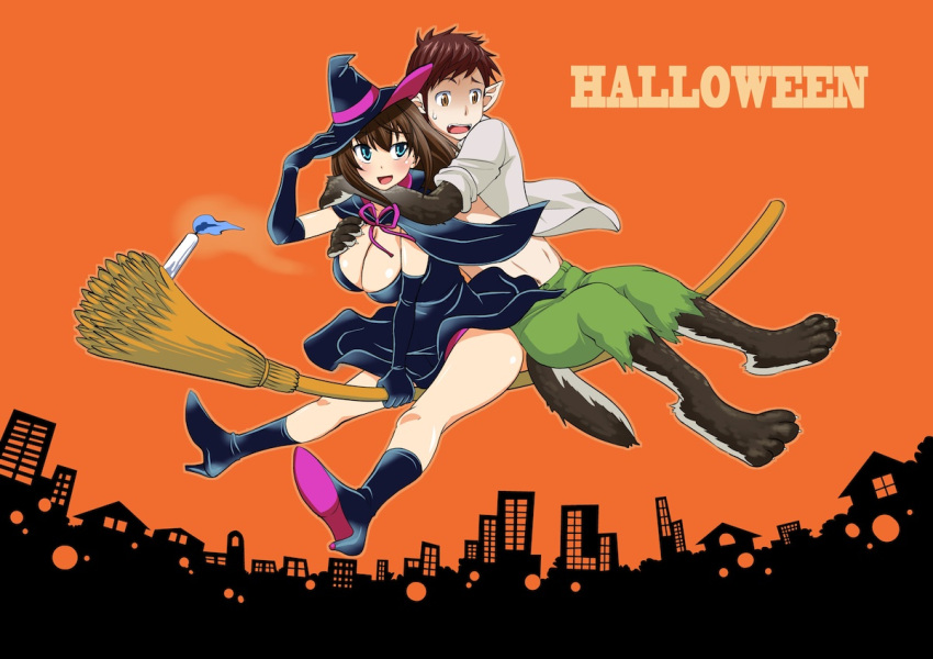 1boy 1girl adjusting_clothes adjusting_headwear bangs black_capelet black_dress black_footwear black_gloves blue_eyes body_switch boots breasts broom broom_riding brown_hair candle capelet cityscape cleavage dress elbow_gloves english_text exchange_~osananajimi_to_irekawari!?~ flying fur_gloves gloves halloween halloween_costume high_heel_boots high_heels hug hug_from_behind large_breasts looking_at_viewer matsutou_tomoki medium_hair orange_background panties pantyshot paw_shoes personality_switch pointy_ears purple_panties shirt short_dress short_hair sleeveless sleeveless_dress sleeves_rolled_up sweatdrop tail underwear werewolf_costume white_shirt wind wind_lift wolf_tail