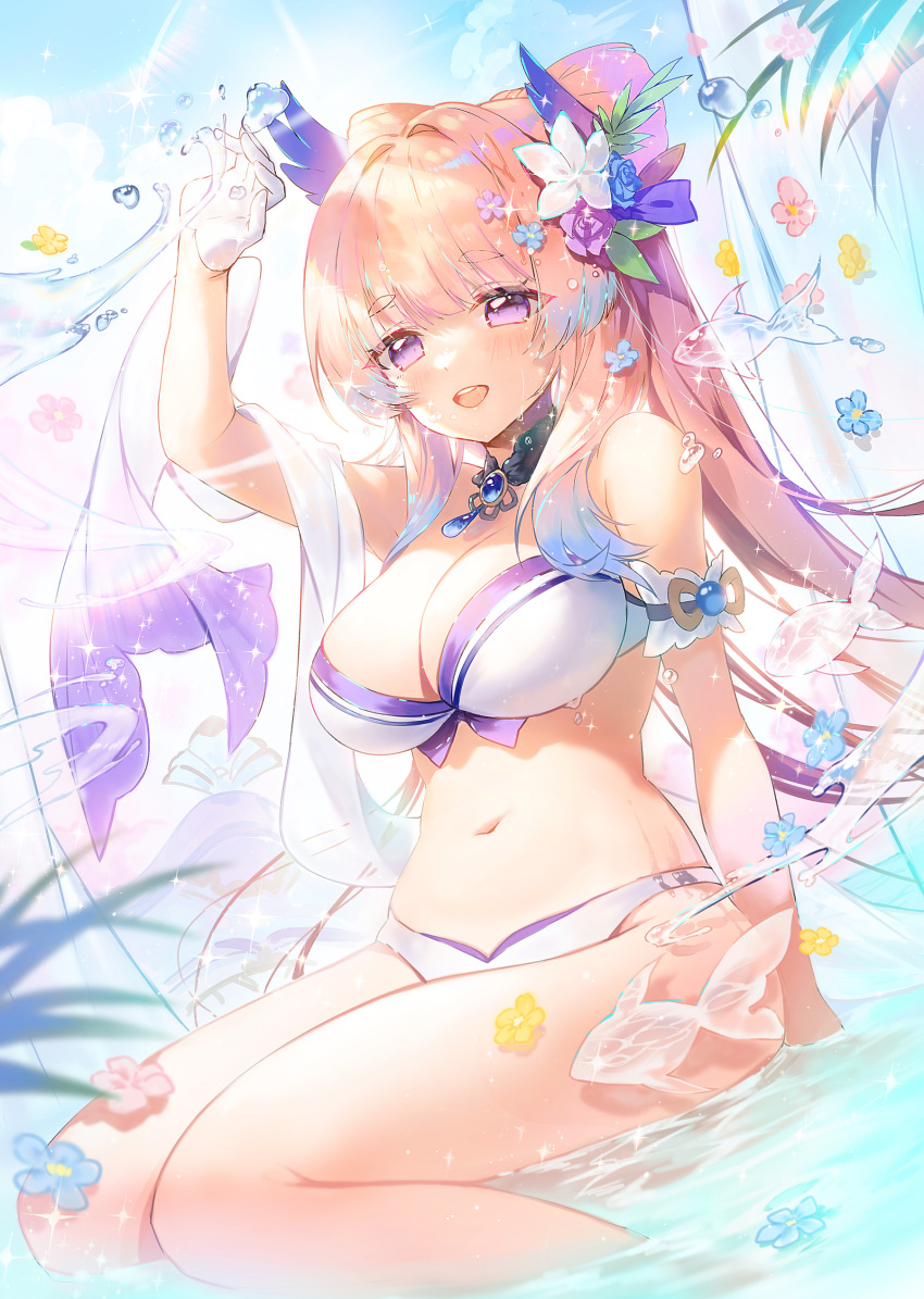 1girl absurdres apple_caramel arm_garter arm_up bare_shoulders bikini blush breasts brooch cleavage detached_collar fish flower genshin_impact gloves hair_flower hair_ornament head_fins highres jewelry large_breasts long_hair looking_at_viewer navel open_mouth pink_hair purple_eyes sangonomiya_kokomi sash sidelocks sitting smile solo stomach swimsuit thick_eyebrows thighs water white_bikini white_gloves