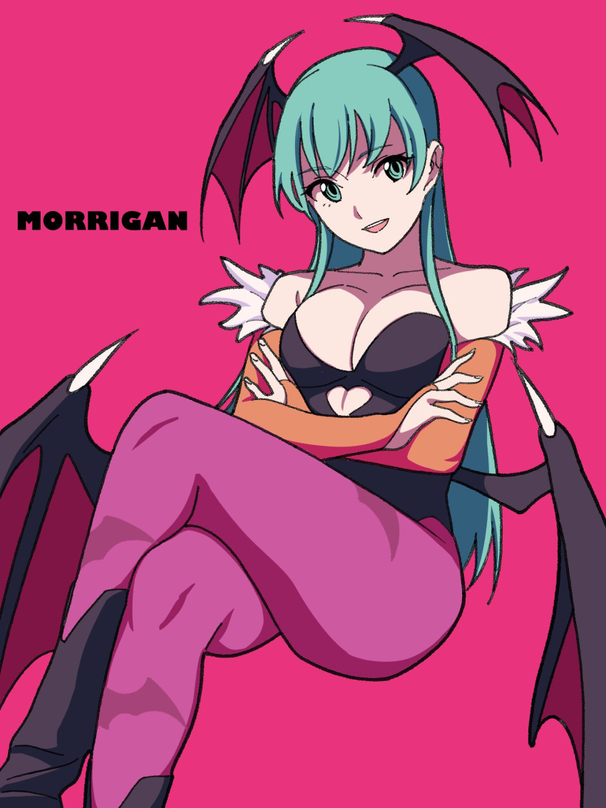 1girl aqua_eyes aqua_hair bangs bare_shoulders black_footwear black_leotard boots breasts bridal_gauntlets character_name cleavage collarbone crossed_arms crossed_legs demon_girl demon_wings detached_sleeves feather_trim feet_out_of_frame head_wings highres kashiwa_(iersansi) large_breasts leotard long_hair looking_at_viewer morrigan_aensland open_mouth orange_sleeves pantyhose pink_background print_legwear purple_pantyhose sidelocks sitting smile strapless strapless_leotard vampire_(game) wings