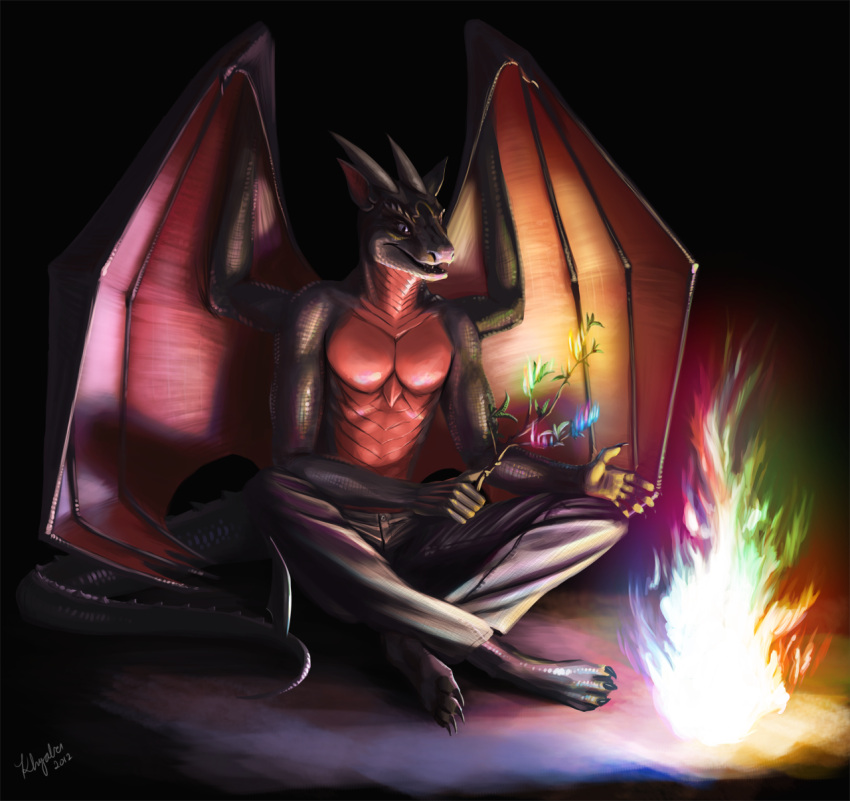 2012 anthro black_background black_body black_scales black_wings blue_eyes blue_fire bottomwear clothed clothing colored_fire crossed_legs dated detailed dragon fire full-length_portrait glistening glistening_eyes green_fire grey_bottomwear grey_clothing grey_horn grey_pants hi_res holding_object holding_stick horn khyaber male membrane_(anatomy) membranous_wings open_mouth pants pecs portrait pupils red_body red_wings scales scalie signature simple_background sitting slit_pupils solo spiked_tail spikes spikes_(anatomy) stick teeth topless white_fire wings