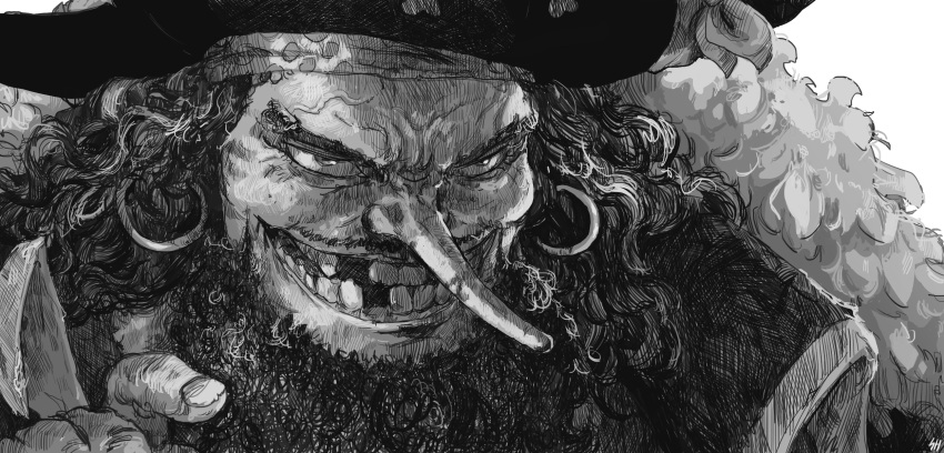 1boy artist_name beard commentary earrings english_commentary facial_hair furrowed_brow greyscale grin half-closed_eyes happy hat headband high_collar highres hoop_earrings jewelry long_hair long_nose male_focus marshall_d._teach missing_teeth monochrome one_piece pirate pirate_hat portrait serbianhero signature simple_background smile solo teeth veins white_background