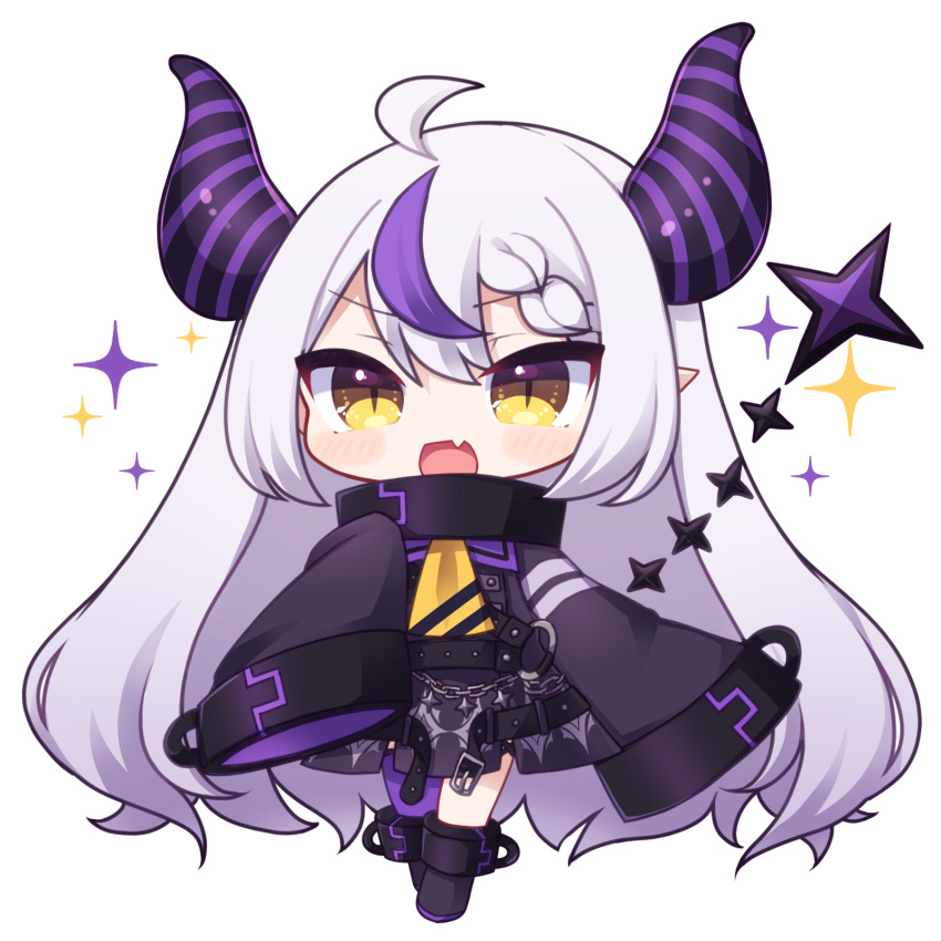 1girl :d bangs black_dress black_footwear blush boots braid braided_bangs chibi commentary_request demon_horns dress fang full_body hair_between_eyes highres hololive horns la+_darknesss long_sleeves looking_at_viewer multicolored_hair pointy_ears purple_hair purple_thighhighs rensei simple_background single_thighhigh sleeves_past_fingers sleeves_past_wrists smile solo sparkle streaked_hair thighhighs thighhighs_under_boots virtual_youtuber white_background yellow_eyes