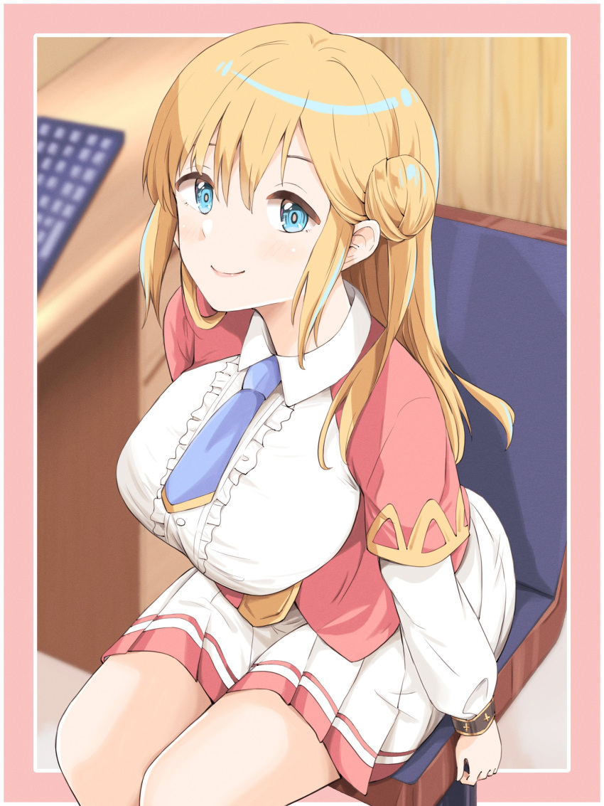 1girl absurdres blonde_hair blue_eyes blue_necktie breasts capelet center_frills chair closed_mouth enome frills futoku_no_guild hair_bun hibaru_shunsuke highres large_breasts leaning_forward long_hair long_sleeves looking_at_viewer necktie pleated_skirt red_capelet single_side_bun sitting skirt solo thick_thighs thighs
