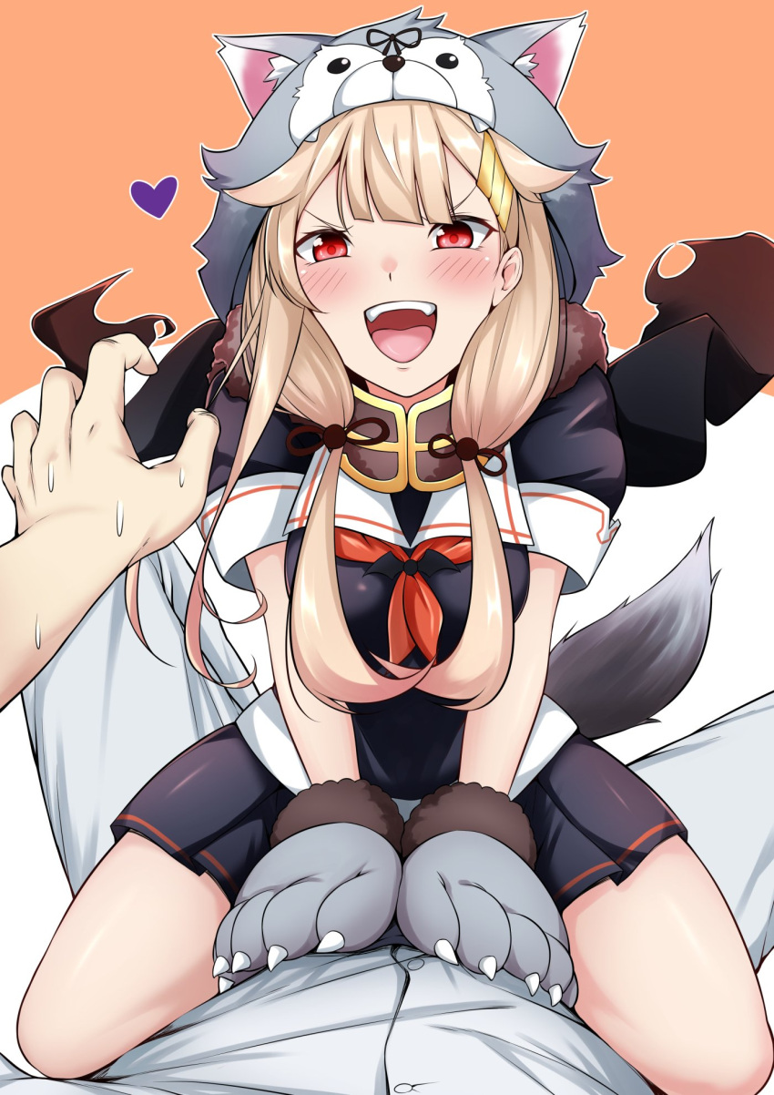 1boy 1girl admiral_(kancolle) animal_hands black_ribbon black_scarf black_serafuku black_shirt black_skirt blonde_hair commentary_request gloves hair_flaps hair_ornament hairclip highres kantai_collection long_hair looking_at_viewer neckerchief official_alternate_costume paw_gloves pleated_skirt pov red_eyes red_neckerchief ribbon rikkii_(likito_yuzu_is) sailor_collar scarf school_uniform serafuku shirt skirt straddling sweat sweating_profusely tail white_sailor_collar wolf_head wolf_tail yuudachi_(kancolle) yuudachi_kai_ni_(kancolle)