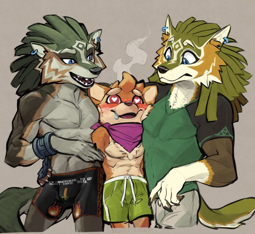 &lt;3 2022 5_fingers anthro blue_eyes blush bottomwear canid canine canis claws clothed clothing crossover ear_piercing elranno embrace fingers fox fur green_body green_fur group hi_res hug link_(wolf_form) looking_at_another looking_at_partner male male/male mammal multicolored_body multicolored_fur nintendo orange_body orange_fur piercing ruin_seeker shorts text text_on_clothing the_legend_of_zelda topless topless_male trio tunic_(video_game) underwear video_games wolf