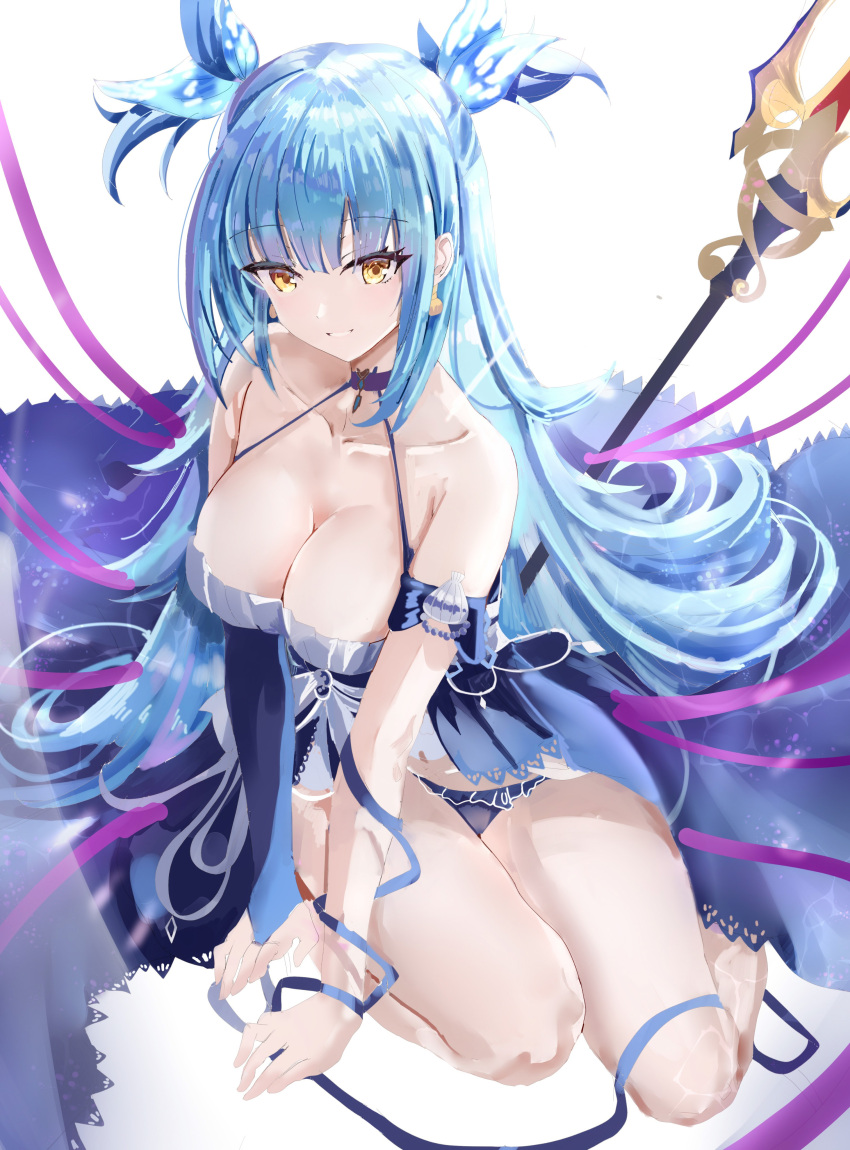 1girl absurdres age_fx apron azur_lane bangs barefoot blue_apron blue_hair blue_panties blue_ribbon braid breasts bridal_gauntlets cleavage collarbone halterneck highres large_breasts long_bangs long_hair looking_at_viewer maid neptune_(azur_lane) neptune_(nereid's_invitation)_(azur_lane) panties polearm purple_ribbon ribbon single_bridal_gauntlet smile solo trident underwear weapon yellow_eyes
