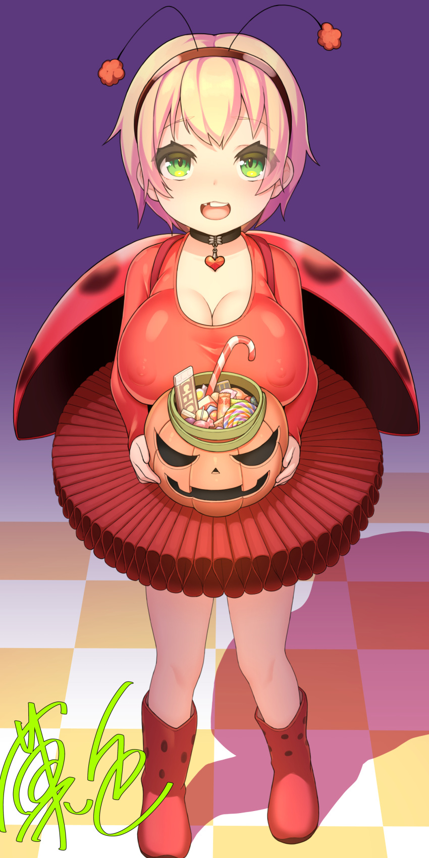 1girl absurdres blonde_hair boots breasts candy checkered_floor choker cleavage covered_nipples fake_antennae food from_above full_body green_eyes hairband halloween heart heart_choker highres jack-o'-lantern kashiki_main ladybug_costume large_breasts looking_at_viewer open_mouth oppai_loli original scoop_neck see-through shirt short_hair signature skirt smile taut_clothes taut_shirt trick_or_treat