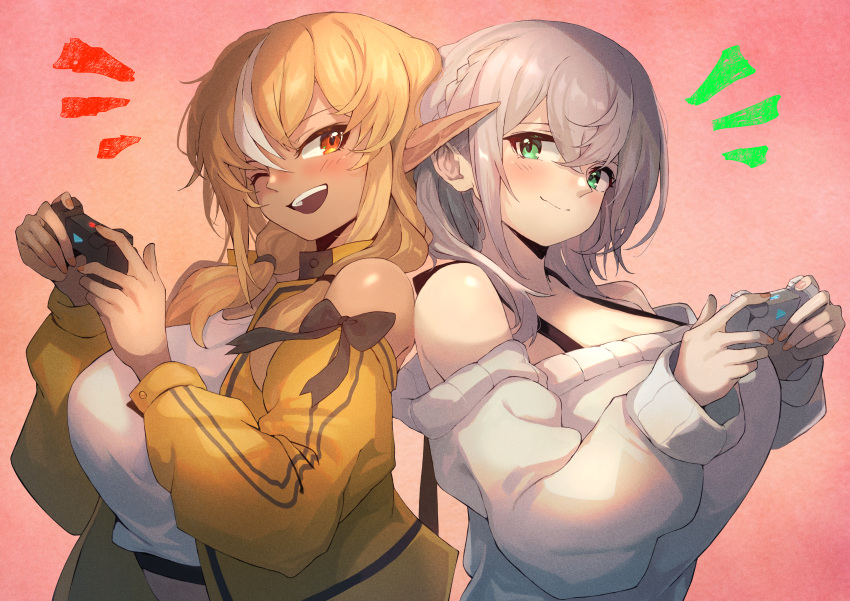 2girls absurdres back-to-back bare_shoulders blonde_hair blush breasts cleavage controller dark_elf dark_skin elf game_controller green_eyes grey_hair highres hololive large_breasts looking_at_viewer multicolored_hair multiple_girls off-shoulder_sweater off_shoulder ohako_(ohako1818) one_eye_closed orange_eyes playing_games pointy_ears ribbed_sweater shiranui_flare shirogane_noel shirt_tucked_in simple_background smile streaked_hair sweater tan tented_shirt upper_body