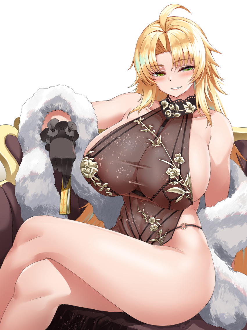 1girl ahoge bangs barbariana_(last_origin) bare_shoulders black_dress black_gloves blonde_hair blush breasts cho!cho! commentary_request couch covered_navel crossed_legs dress folded_fan folding_fan gloves green_eyes hair_ornament hand_fan highres holding holding_fan huge_breasts last_origin long_hair looking_at_viewer navel on_couch parted_bangs see-through shawl simple_background sitting smile solo very_long_hair white_background