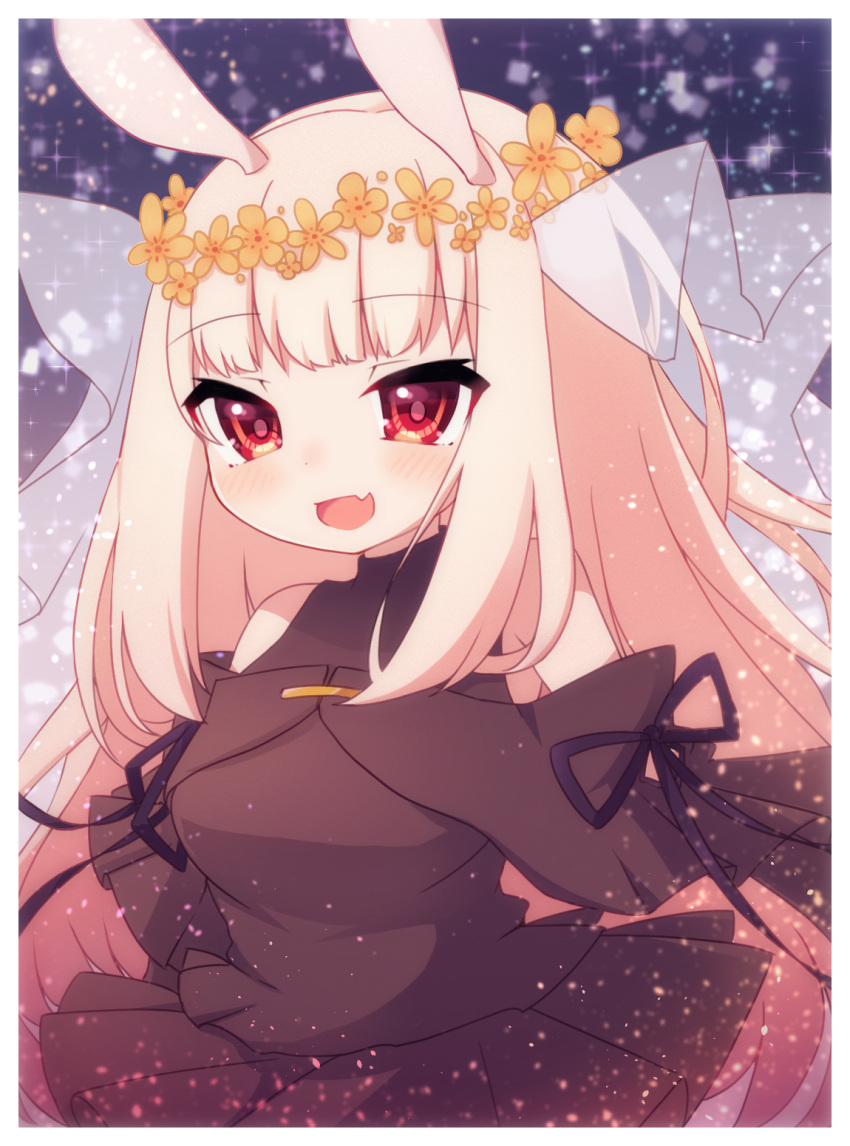 1girl :d animal_ears bangs bare_shoulders blonde_hair blush borrowed_character brown_dress commentary_request dress fang flower hair_flower hair_ornament highres long_hair looking_at_viewer orange_flower original rabbit_ears red_eyes rensei smile solo transparent very_long_hair