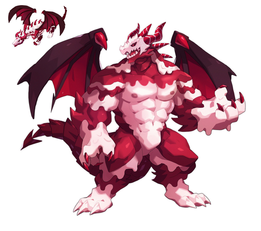 absurd_res anthro cake claws cookie_run cookie_run_kingdom dessert devsisters dragon food hi_res horn humanoid long_tail male muscular nipples red_body red_eyes red_velvet_dragon_(cookie_run) scalie sharp_claws sharp_teeth solo teeth white_body wings yed
