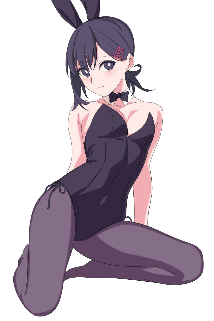 1girl animal_ears arms_behind_back bangs bare_arms black_eyes black_hair black_leotard black_pantyhose blush bow bowtie breasts chainsaw_man cleavage covered_navel detached_collar fake_animal_ears full_body hair_ornament hairclip higashiyama_kobeni highres kashiwa_(iersansi) kneeling leotard looking_at_viewer low_ponytail medium_breasts medium_hair pantyhose playboy_bunny rabbit_ears sideboob solo strapless strapless_leotard white_background