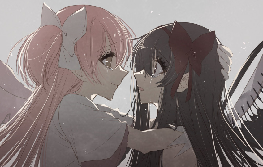 2girls akemi_homura akuma_homura black_hair hair_ribbon highres hug kaname_madoka long_hair mahou_shoujo_madoka_magica mahou_shoujo_madoka_magica:_hangyaku_no_monogatari misteor multiple_girls open_mouth pink_hair purple_eyes red_ribbon ribbon teardrop ultimate_madoka wings yellow_eyes