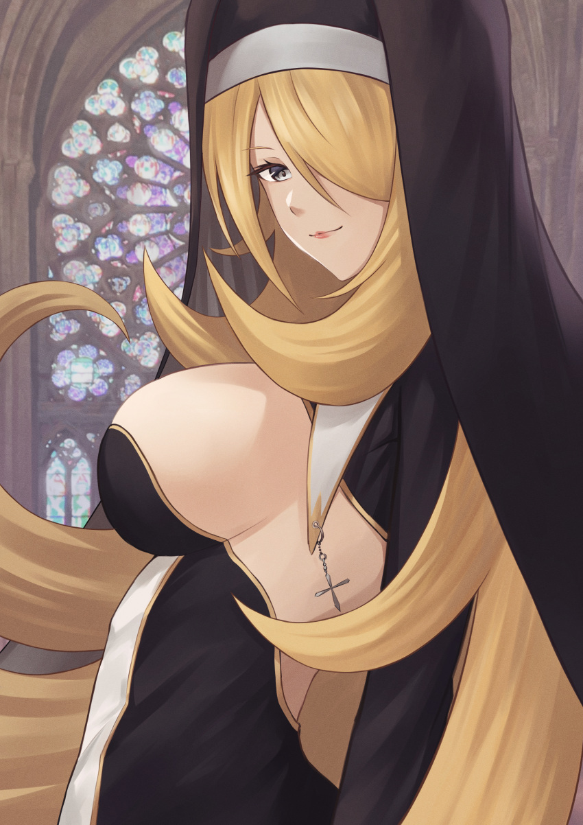 1girl absurdres alternate_costume blonde_hair breasts church closed_mouth cynthia_(pokemon) from_side grey_eyes habit hair_over_one_eye highres large_breasts long_hair looking_at_viewer looking_to_the_side mihiro_(mitumitu3232ish) nun pokemon pokemon_(game) pokemon_dppt red_lips sideboob solo upper_body very_long_hair