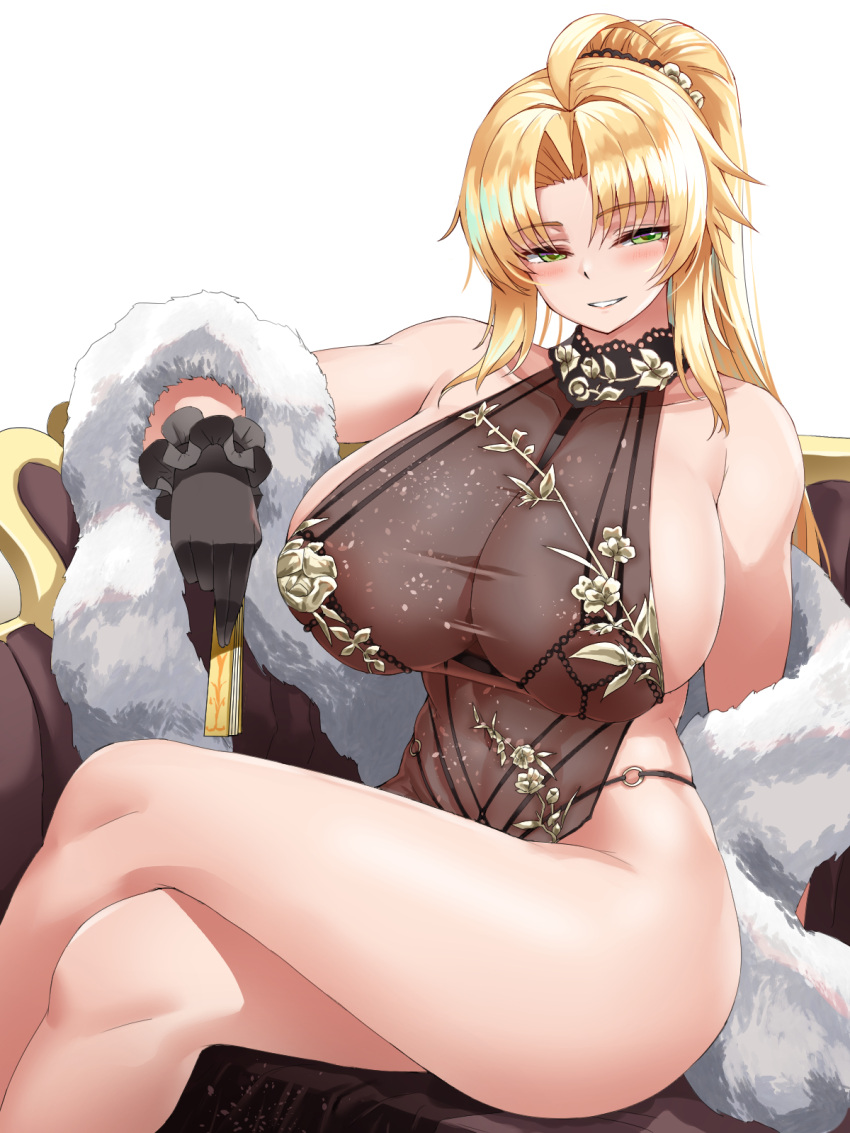 1girl ahoge bangs barbariana_(last_origin) bare_shoulders black_dress black_gloves blonde_hair blush breasts cho!cho! commentary_request couch covered_navel crossed_legs dress folded_fan folding_fan gloves green_eyes hair_ornament hand_fan highres holding holding_fan huge_breasts last_origin long_hair looking_at_viewer navel on_couch parted_bangs ponytail see-through shawl simple_background sitting smile solo very_long_hair white_background