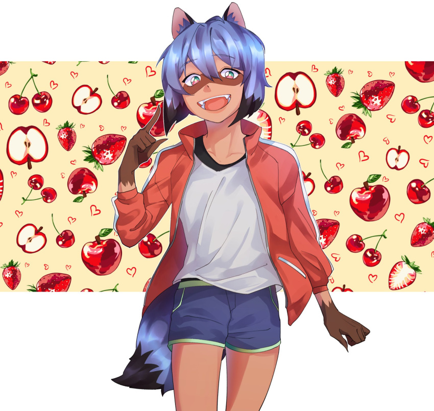 &lt;3 2021 anthro apple biped blue_hair brand_new_animal brown_body canid canine cherry clothed clothing facial_markings fangs female food fruit gesture gloves_(marking) hair head_markings hi_res looking_at_viewer mammal markings mask_(marking) mhcmm909 michiru_kagemori multicolored_body multicolored_eyes open_mouth open_smile orange_body pattern_background plant pointing pointing_at_self portrait raccoon_dog simple_background smile solo standing strawberry studio_trigger tanuki three-quarter_portrait two_tone_body walking