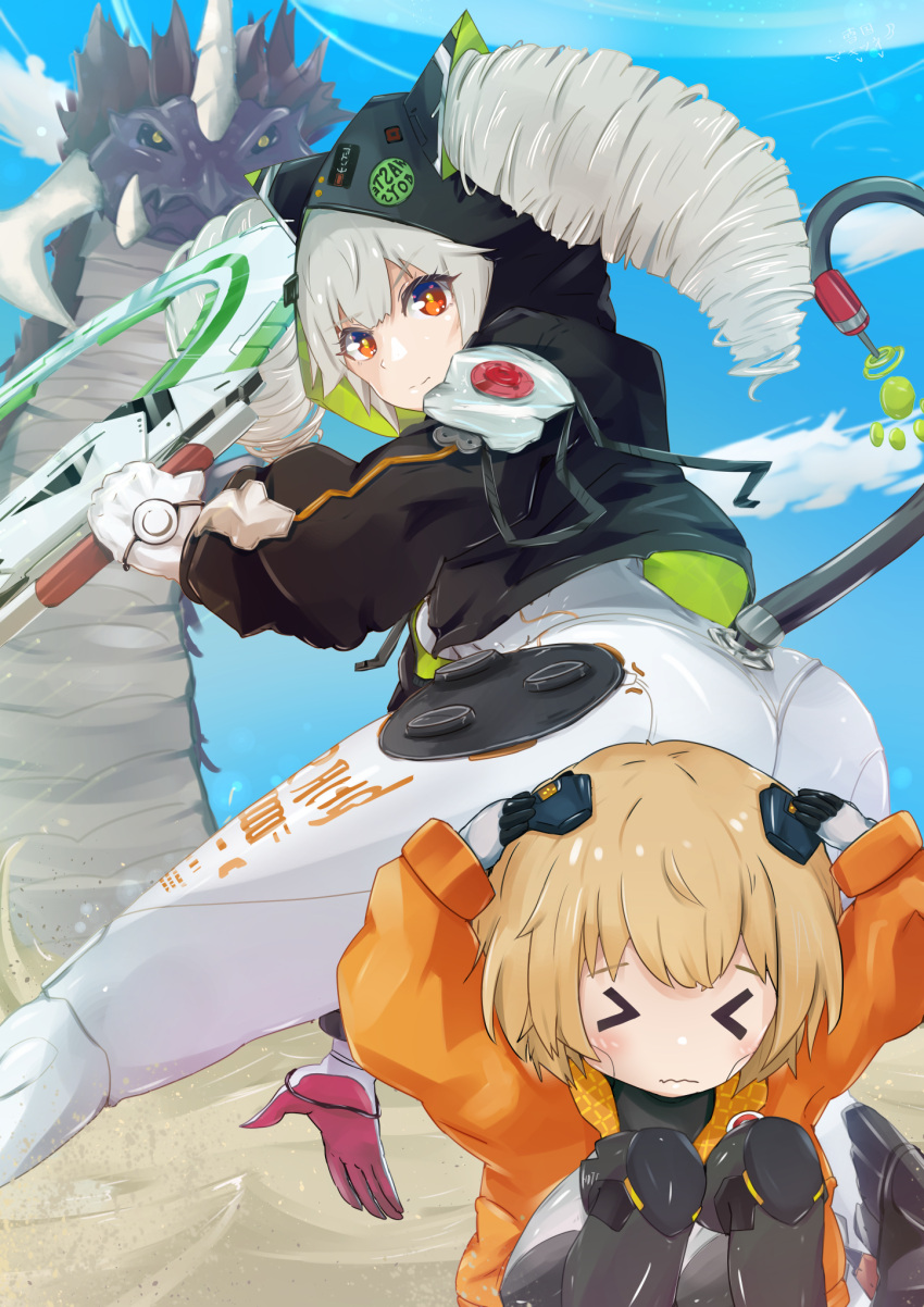 &gt;_&lt; 2girls bangs blonde_hair blue_sky bodysuit drill_hair grey_hair hand_on_own_head highres holding holding_weapon hood hooded_jacket jacket looking_at_viewer medium_hair mi-a_(tower_of_fantasy) monster multiple_girls orange_eyes outdoors shiro_(tower_of_fantasy) skin_tight sky smile tower_of_fantasy twin_drills weapon yukiguni_kitsune