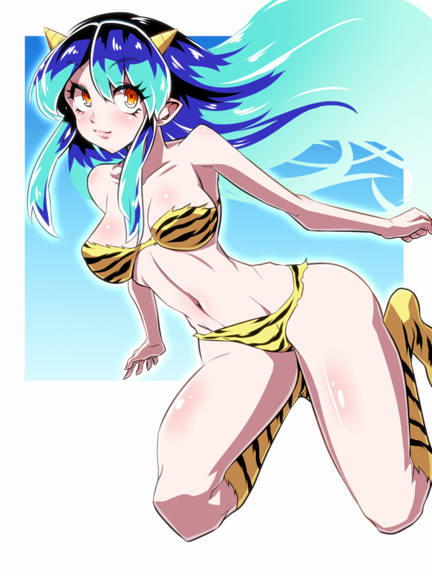 1girl animal_print bikini boots breasts commentary_request green_hair highres horns jin_(mugenjin) long_hair looking_at_viewer lum multicolored_hair navel oni oni_horns pointy_ears print_footwear shiny shiny_skin sidelocks solo strapless strapless_bikini swimsuit tiger_print two-tone_hair urusei_yatsura yellow_bikini