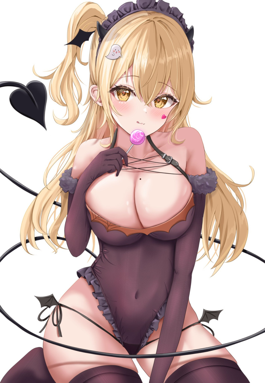 1girl :q bangs bare_shoulders blonde_hair blush breasts candy cleavage collarbone covered_navel demon_tail elbow_pads food frilled_leotard frills fur-trimmed_gloves fur_trim gloves hair_between_eyes hair_ornament hairclip heart highres holding holding_candy holding_food holding_lollipop large_breasts leotard lollipop long_hair looking_at_viewer maid_headdress micro_panties mole mole_on_breast original panties ribbon side-tie_panties side_ponytail sitting solo tail thighhighs tongue tongue_out underwear uni_ikura wariza white_background yellow_eyes