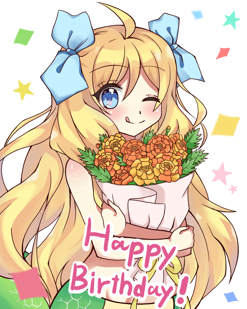 1girl ;p absurdres blonde_hair blue_eyes blush bouquet bud fern flower haidoro hair_ribbon highres holding holding_bouquet jashin-chan jashin-chan_dropkick long_hair looking_at_viewer monster_girl object_hug one_eye_closed orange_flower ribbon star_(symbol) tongue tongue_out white_background yellow_flower