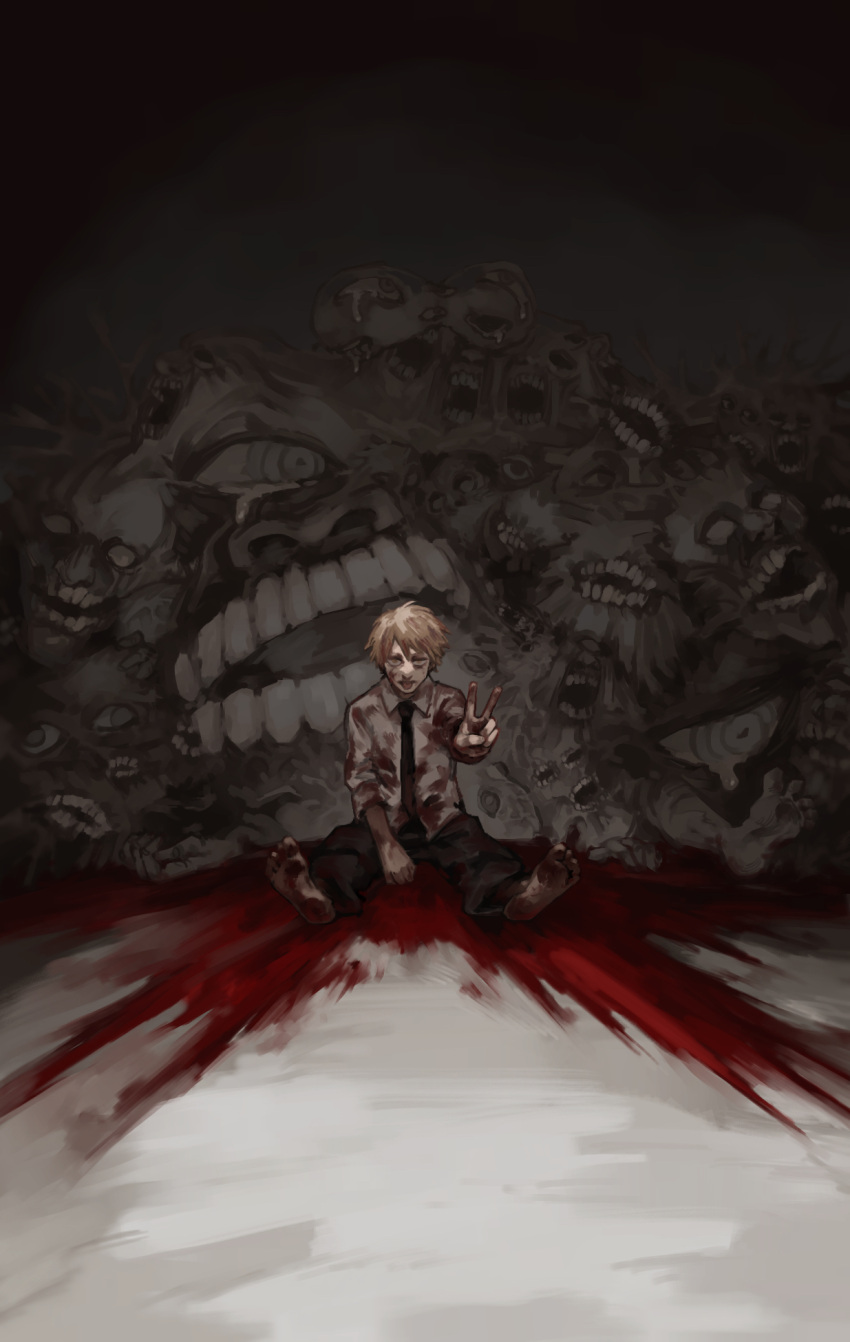 1boy black_necktie blonde_hair blood blood_on_clothes blood_on_face blood_on_feet blood_on_ground chainsaw_man collared_shirt crying death denji_(chainsaw_man) eternity_devil_(chainsaw_man) extra_eyes extra_faces extra_legs extra_mouth highres looking_at_viewer mutilation nakano_(mitinni_tk) necktie puddle_of_blood shirt short_hair teeth v white_shirt