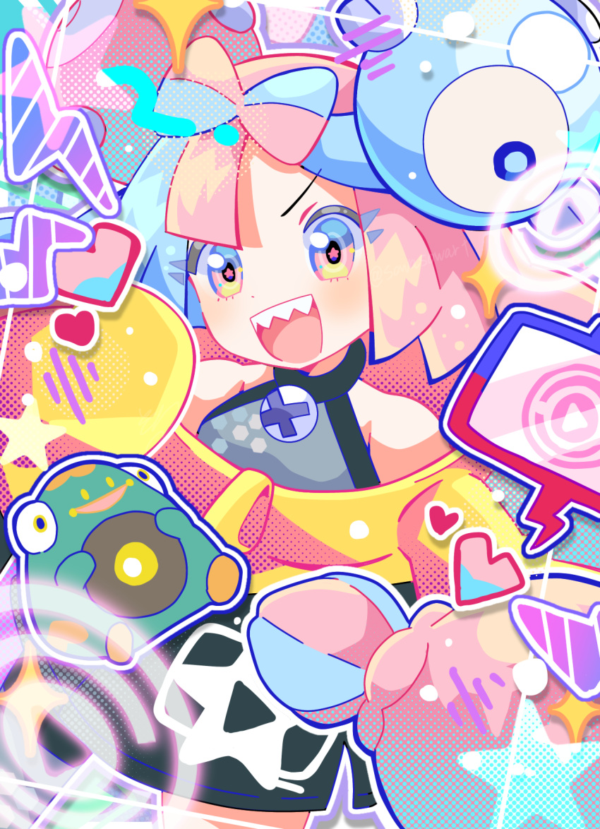 bellibolt bow-shaped_hair character_hair_ornament hair_ornament hexagon_print highres iono_(pokemon) jacket long_hair low-tied_long_hair oversized_clothes pokemon pokemon_(game) pokemon_sv sharp_teeth shirt sleeveless sleeveless_shirt sleeves_past_fingers sleeves_past_wrists sowao. star_(symbol) star_in_eye symbol_in_eye teeth very_long_sleeves x yellow_jacket
