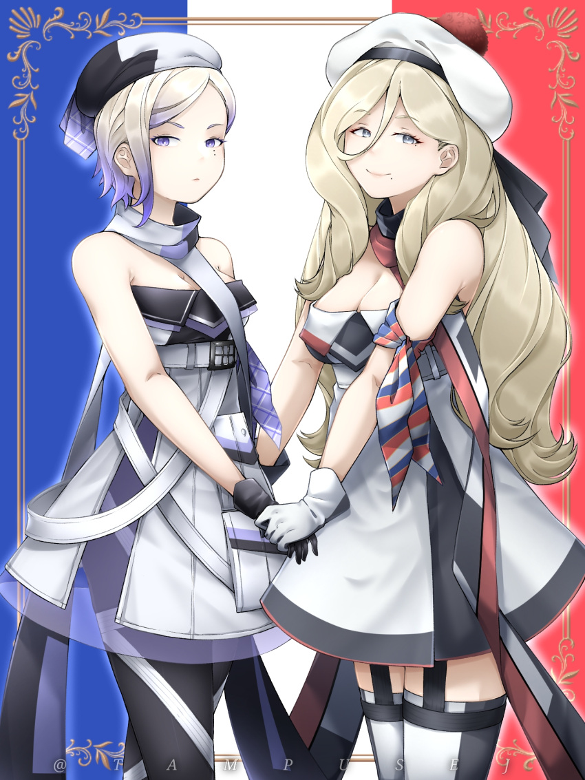 2girls bangs beret black_dress black_gloves black_scarf black_thighhighs blonde_hair blue_dress blue_eyes blue_hair blue_scarf breasts cowboy_shot dress garter_straps gloves gradient_hair grey_eyes hair_between_eyes hat highres holding_hands jean_bart_(kancolle) kantai_collection kazaharu_matsuhata large_breasts long_hair medium_breasts mole mole_under_eye mole_under_mouth multicolored_clothes multicolored_dress multicolored_gloves multicolored_hair multicolored_scarf multiple_girls parted_bangs pom_pom_(clothes) red_dress red_scarf richelieu_(kancolle) scarf short_hair standing strapless strapless_dress thighhighs two-tone_dress two-tone_gloves two-tone_headwear two-tone_legwear white_dress white_gloves white_headwear white_scarf white_thighhighs