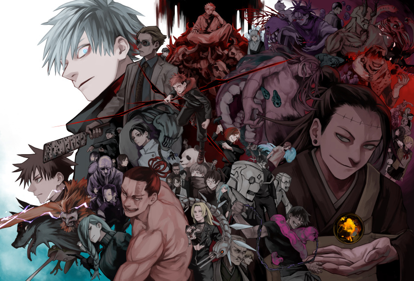 absurdres bald bangs beard black_hair black_shirt blonde_hair blue_eyes braid chain choso_(jujutsu_kaisen) cow_skull dagon_(jujutsu_kaisen) eso_(jujutsu_kaisen) faceless facial_hair formal fushiguro_megumi fushiguro_touji gakuganji_yoshinobu getou_suguru grey_hair hair_between_eyes hair_over_one_eye hanami_(jujutsu_kaisen) highres holding holding_knife holding_weapon ieiri_shoko ijichi_kiyotaka ino_takuma inumaki_toge iori_utahime itadori_yuuji jogo_(jujutsu_kaisen) jujutsu_kaisen jujutsu_tech_uniform kamo_noritoshi kechizu_(jujutsu_kaisen) kenjaku knife kugisaki_nobara kurourushi_(jujutsu_kaisen) kusakabe_atsuya larue_(jujutsu_kaisen) long_beard long_hair looking_at_viewer mahito_(jujutsu_kaisen) medium_hair mei_mei_(jujutsu_kaisen) mimiko_(jujutsu_kaisen) miwa_kasumi multiple_boys multiple_girls muta_kokichi nakano_(mitinni_tk) nanako_(jujutsu_kaisen) nishimiya_momo nitta_akari_(jujutsu_kaisen) no_eyes okkotsu_yuuta old old_man orimoto_rika panda_(jujutsu_kaisen) scar scar_across_eye scar_on_face scarf shirt short_hair sidelocks suit sukuna_shinmyoumaru takada-chan topless_male toudou_aoi_(jujutsu_kaisen) tsukumo_yuki_(jujutsu_kaisen) ui_ui_(jujutsu_kaisen) uraume_(jujutsu_kaisen) weapon white_hair wolf yaga_masamichi yoshino_junpei zen'in_mai zen'in_maki zen'in_naobito zen'in_naoya