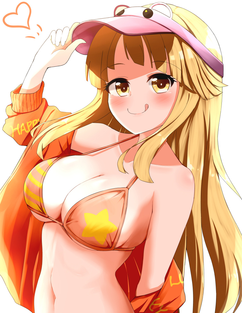 1girl :q absurdres arm_up attokyu bang_dream! bangs bare_shoulders blonde_hair blunt_bangs blush breasts character_hat cleavage clothes_writing collarbone commentary_request diagonal_bangs heart highres jacket large_breasts long_hair looking_at_viewer michelle_(bang_dream!) navel off_shoulder orange_jacket partial_commentary pink_headwear sidelocks simple_background smile solo standing stomach tongue tongue_out tsurumaki_kokoro underboob upper_body visor_cap white_background yellow_eyes