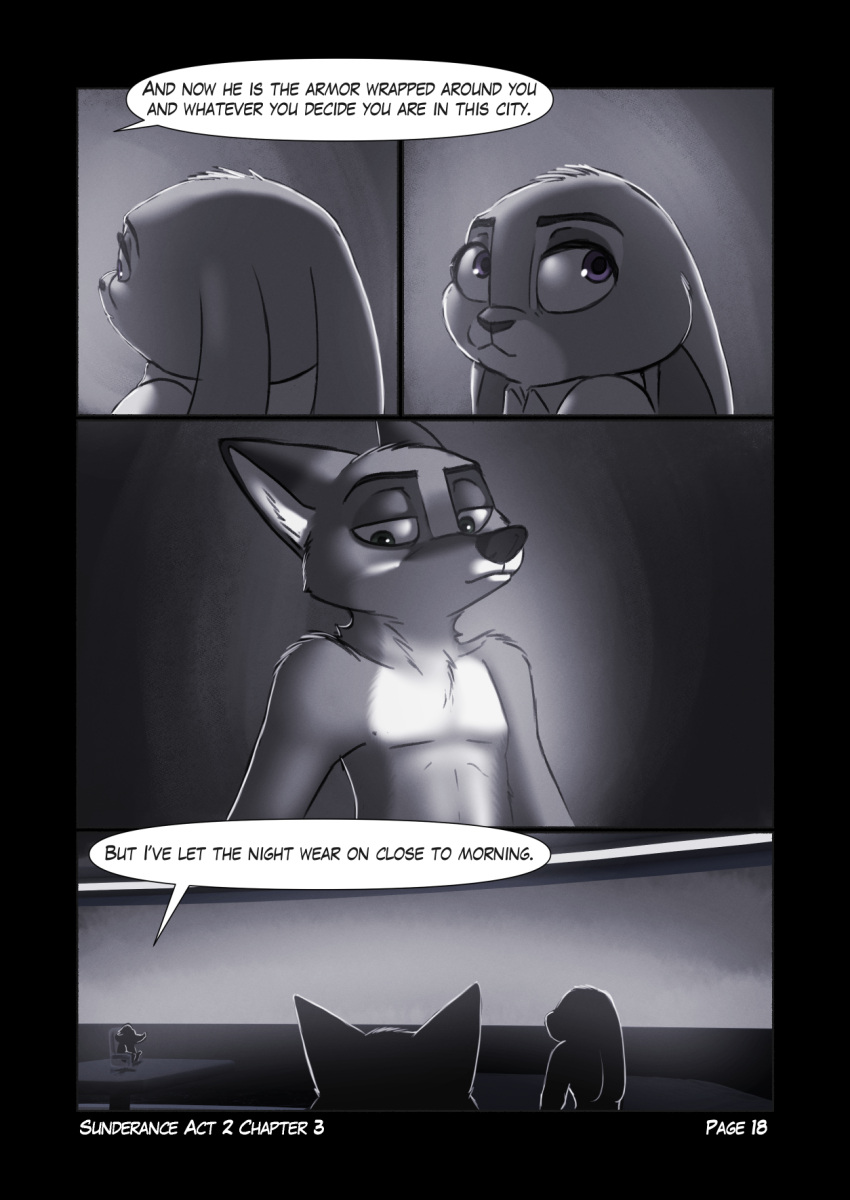 2022 anthro biped canid canine chest_tuft clothed clothing comic dialogue disney english_text female fox foxxj green_eyes group head_tuft hi_res judy_hopps lagomorph leporid male mammal mr._big neck_tuft nick_wilde nude purple_eyes rabbit shoulder_tuft speech_bubble spot_color text tuft zootopia