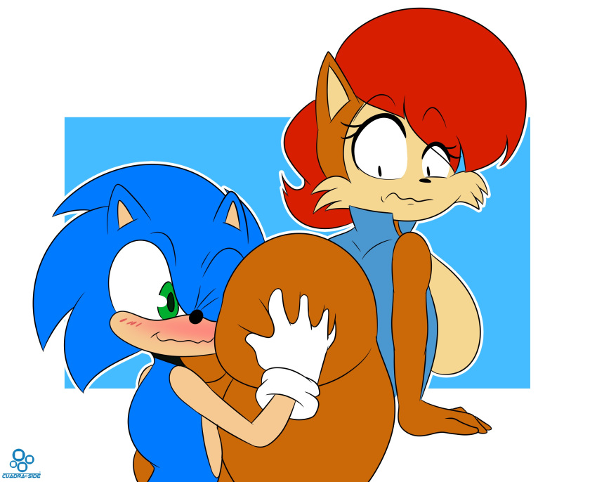 anthro archie_comics big_breasts big_butt black_nose blue_body blue_fur blue_hair blush breasts brown_body brown_fur brown_hair bubble_butt butt butt_grab chipmunk clothed clothing cuadra_side curvy_figure duo eulipotyphlan eyelashes face_in_ass female fur grabbing_from_behind green_eyes ground_squirrel hair hand_on_butt hedgehog hi_res looking_back male mammal multicolored_body multicolored_fur multicolored_hair one_eye_closed red_hair rodent sally_acorn sciurid sega shocked shocked_expression short_hair side_boob simple_background smothering sonic_the_hedgehog sonic_the_hedgehog_(archie) sonic_the_hedgehog_(comics) sonic_the_hedgehog_(series) squeezing thick_thighs topwear two_tone_body two_tone_fur vest