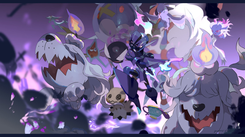 bird black_eyes blurry ceruledge dreepy drifblim e_volution fang fangs fire froslass gastly greavard hisuian_zoroark letterboxed mimikyu misdreavus no_humans open_mouth oricorio pink_fire pokemon pokemon_(creature) rotom rotom_(normal) sinistea skin_fang tongue