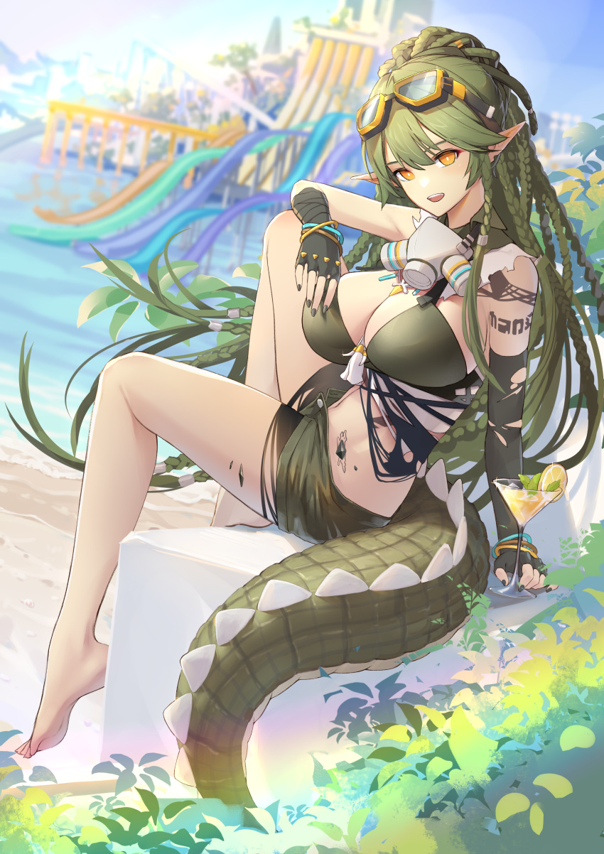1girl absurdres arknights bangs bare_arms bare_legs bare_shoulders barefoot bikini breasts cleavage crocodile crocodilian crocodilian_tail eyebrows_hidden_by_hair eyewear_on_head fingerless_gloves gavial_(arknights) gavial_the_invincible_(arknights) glasses gloves green_bikini green_gloves green_hair hair_between_eyes highres large_breasts liu_lan long_hair looking_at_viewer mask nail_polish open_mouth outdoors pointy_ears pony sitting smile solo swimsuit tail thighs yellow_eyes
