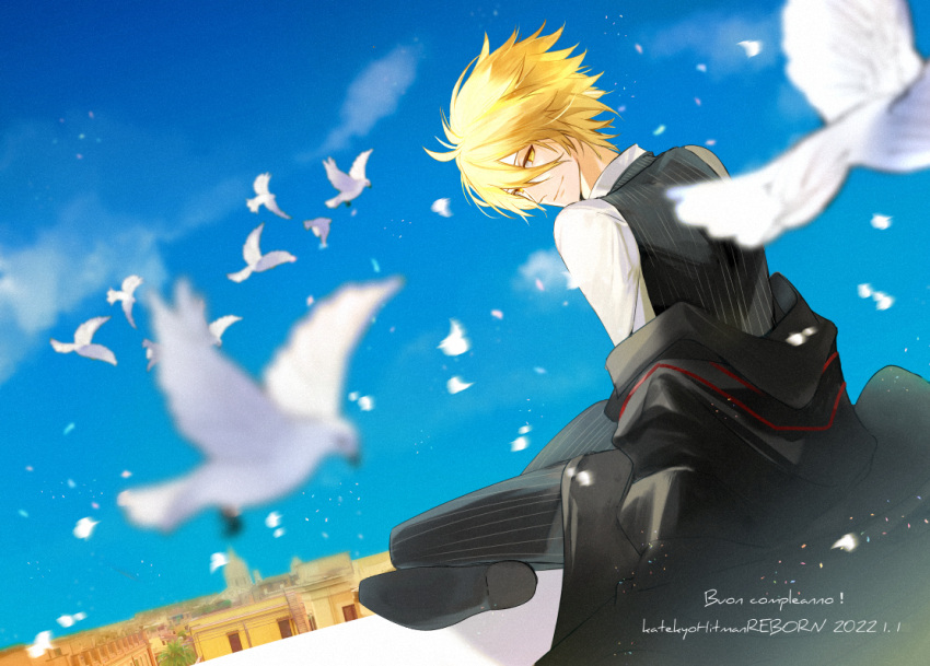 1boy bird black_cape black_footwear black_pants black_vest blonde_hair blurry building cape city copyright_name dated_commentary day depth_of_field dove from_behind full_body giotto_(reborn) hair_between_eyes happy_birthday indian_style italian_text katekyo_hitman_reborn! looking_at_viewer looking_back maha male_focus off_shoulder pants pinstripe_pants pinstripe_pattern pinstripe_vest shirt short_hair sitting smile striped vest white_shirt yellow_eyes