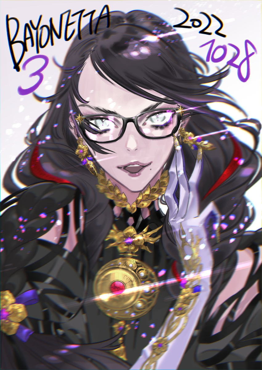 1girl bayonetta bayonetta_(series) bayonetta_3 black_hair braid breasts clothing_cutout earrings eyeshadow glasses gloves gun highres jewelry lipstick long_hair looking_at_viewer makeup mole mole_under_mouth multicolored_hair official_art red_hair ribbon shimazaki_mari simple_background smile solo streaked_hair twin_braids weapon