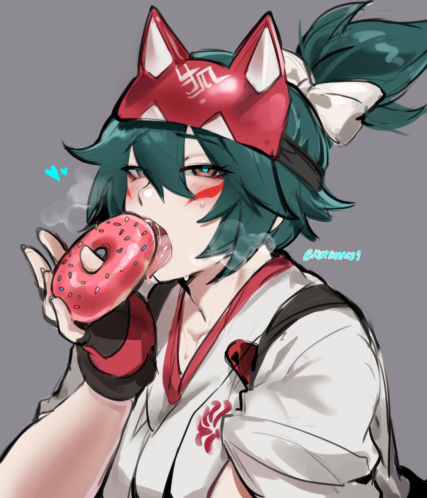 1girl absurdres animal_ears bangs black_gloves blush brown_eyes doughnut eating facial_mark fingerless_gloves food forehead_protector fox_ears gloves green_hair grey_background hair_between_eyes heart heart-shaped_pupils heavy_breathing highres holding holding_food japanese_clothes kimono kiriko_(overwatch) kurenaiz1 looking_at_viewer overwatch overwatch_2 ponytail saliva sexually_suggestive simple_background solo sprinkles sweat symbol-shaped_pupils tongue tongue_out upper_body white_kimono